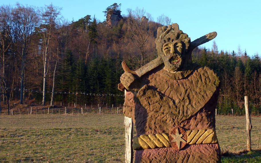 The French-German border in the northern Alsace is sprinkled with the ruins of castles that once guarded the frontier. This colorful fellow was hewn from the remnants of one, and now guards a playground at the Gimbelshof, a hotel and restaurant near Fleckenstein castle that is popular with hikers.