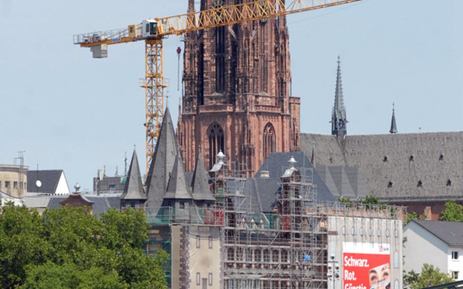 Frankfurt&#39;s Dom is visible from the riverboat cruiser Nautilus. Primus-Linie offers Main River cruises that highlight the historical sights and neighborhoods of Frankfurt, Germany.