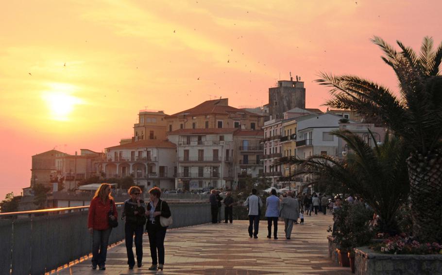 Sunset along the boardwalk of the seaside town of Diamante, called the ?Pearl of the Tyrrhenian,? near Praia a Mare.