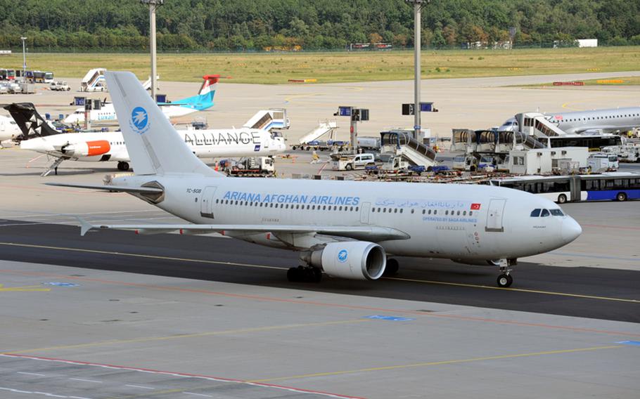 An Ariana Afghan Airlines plane rolls to its parking position at Frankfurt Airport. More than 100 airlines flying to almost 300 destinations take off and land at the airport, the ninth busiest in the world.