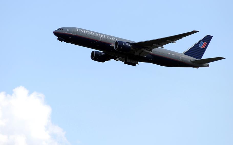 A United Airlines jet takes off from Frankfurt Airport. The airport is Europe&#39;s third busiest after Heathrow in London and Charles de Gaulle in Paris.

Michael Abrams/Stars and Stripes