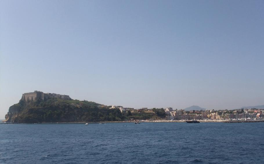 The lovely island comes into view from a ferry.