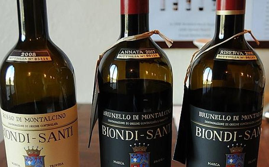 Samples of some of Biondi-Santi&#39;s Brunello of Montalcino wines: Rosso di Montalcino, left, comes from Sangiovese Grosso vines is younger than 10 years old and  aged for more more 12 months in Croatian oak casks; the Annata, center, is produced from Sangiovese vineyards between 10 and 25 years old and the wine is aged for three years before bottled; the Riserva wine is produced from Sangiovese vineyards more than 25 years old and also aged for three years in Croatian oak casks.