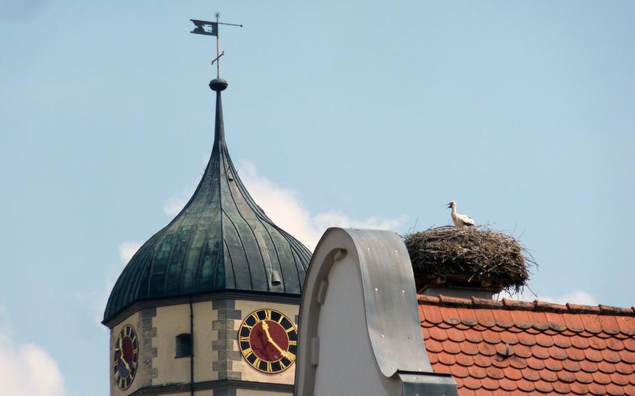 Storks sit in their nest on a roof in the German town of Oettingen, a lesser-known tourist attraction along the famed Romantic Road that winds its way from W??rzburg to the Alps.