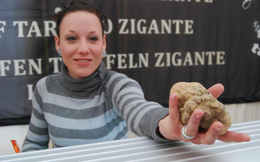 A woman selling truffles at last year's truffle festival in the village of Livade, Croatia, holds out a large specimen for visitors to smell.