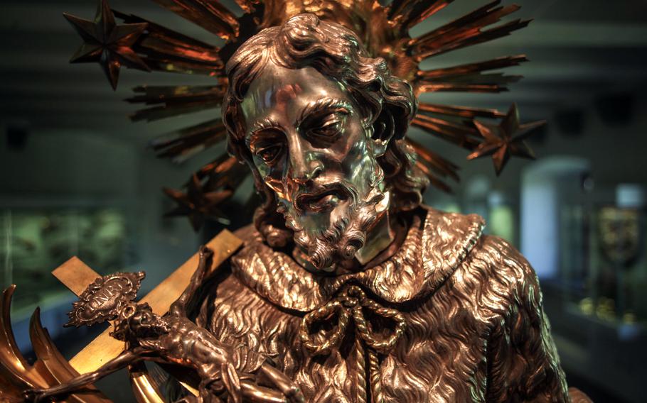 The treasury and armory at Germany's Burg Eltz is filled with fine works of gold and silver, jewelry, religious items and other works of art, such as this silver and gold statue of St. John of Nepomuk.