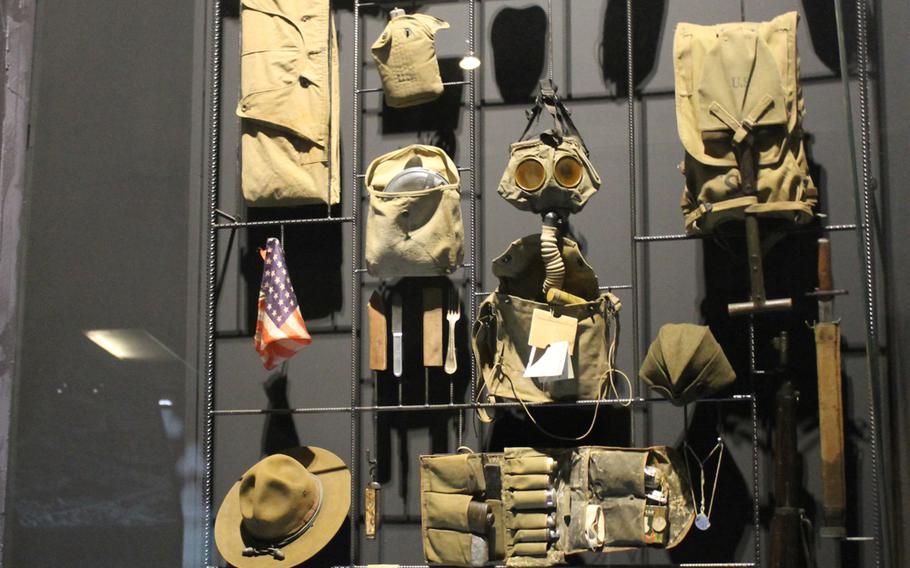 Uniforms worn by the U.S. military in World War I are part of a section highlighting America's involvement in the war at the In Flanders Fields Museum in Ypres, Belgium.