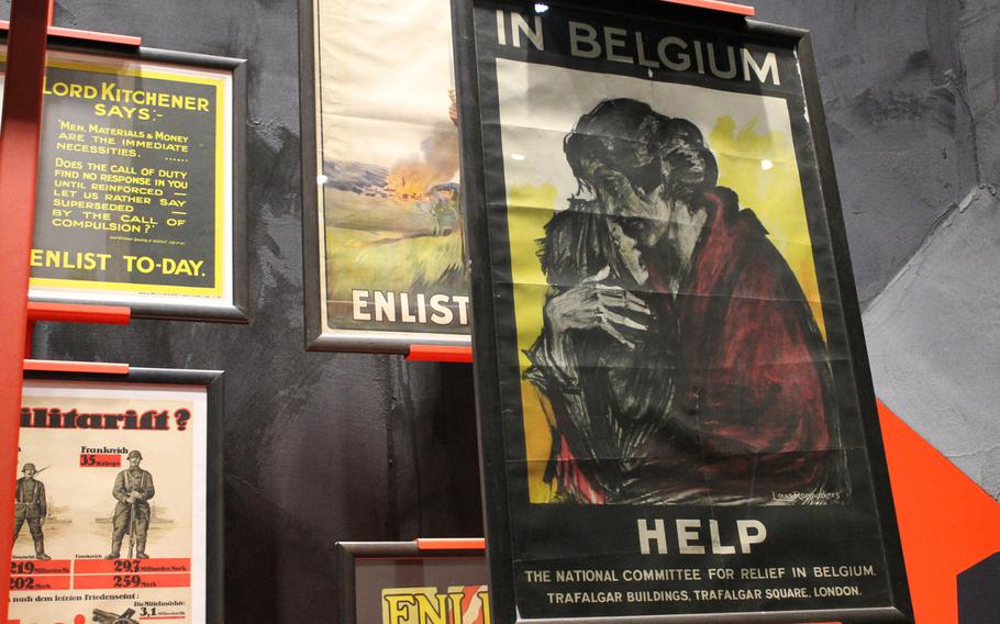 Posters featuring drawings of forlorn Belgians after the German invasion and occupation of the small, neutral country are displayed at the In Flanders Fields Museum in Ypres, Belgium. The posters helped fuel support for the war in America and other nations.