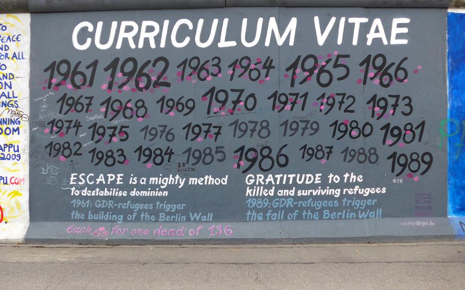 The "curriculum vitae" of the Berlin Wall as done by Susanne Kunjappu-Jellinek at the East Side Gallery in Berlin.