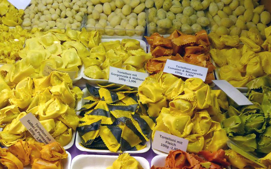 Trays of pasta at the Kleinmarkthalle in Frankfurt, Germany.