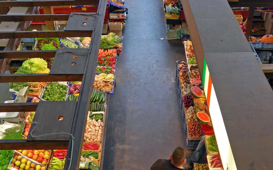 Vegetables on sale at stands at the Kleinmarkthalle, an indoor food market in Frankfurt, Germany.