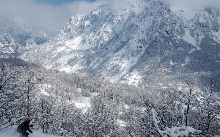 Guilhem Gineste skis above Valbona, Albania, home to some of the best skiing in Europe and zero ski lifts. The remote valley is home to about 100 families and a slowly growing back-country ski scene.