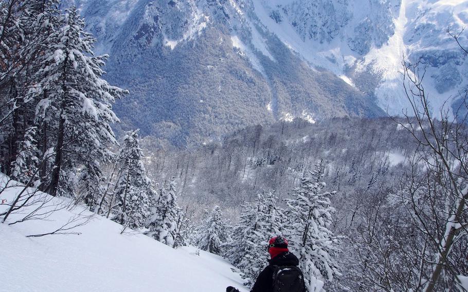 Albanian ski guide Gent Mati leads the way down the slopes of Valbona, Albania, a remote, rarely visited ski-touring haven.