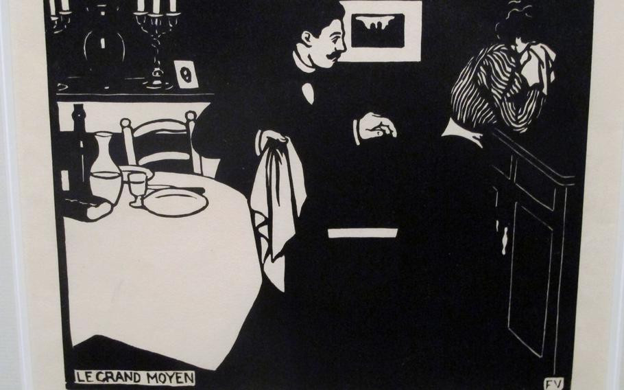 Part of a special exhibition at the Peggy Guggenheim Collection in Venice is  "Le Grand Moyes" by Felix Vallotton, who used a woodcut technique to portray, through a weeping wife, the psychological tensions between men and women. Vallotton, Swiss-born, was part of Les Nabis, a group of avant-garde artists in Paris  in the 1890s.