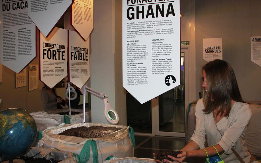 Smell and touch cocoa beans from all over the world at the Maison Cailler Chocolate Factory in Fribourg, Switzerland.