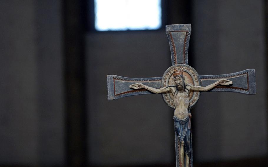 Many religious symbols can be found inside the cathedral in Speyer, Germany.