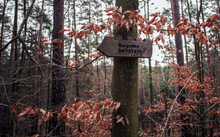 Many of the signs on the way to the ruin of Burg Beilstein near Kaiserslautern, Germany, are made of plastic, but some, like this, are made of wood.