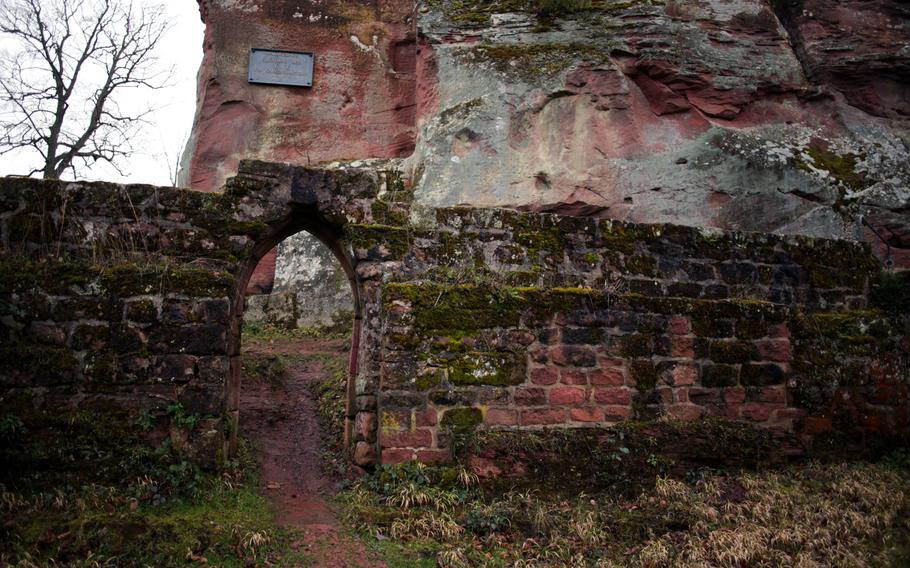 A portion of a wall with a doorway hints at what Burg Beilstein, in the woods outside Kaiserslautern, Germany, was once like.