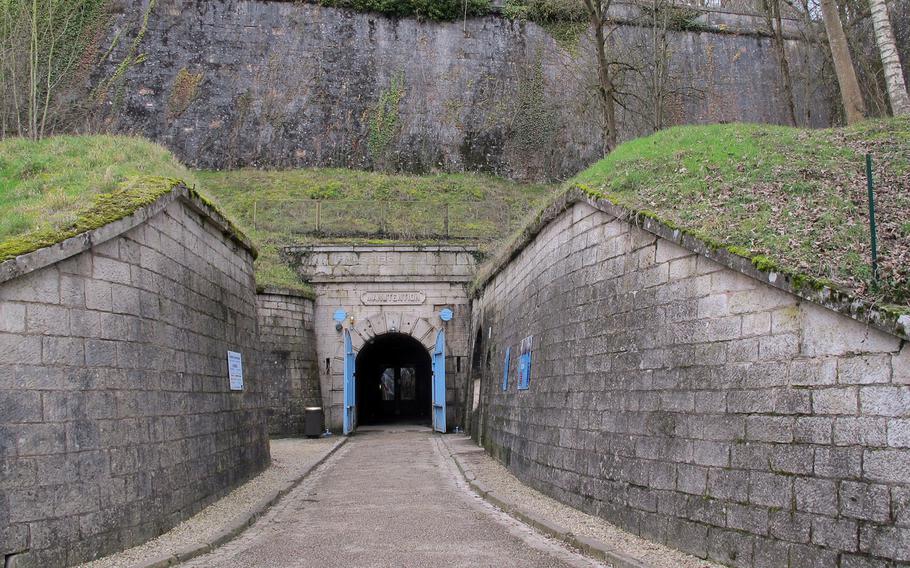 Entrance to the underground citadel in Verdun, France. The citadel has an electric train available for tours of the galleries.