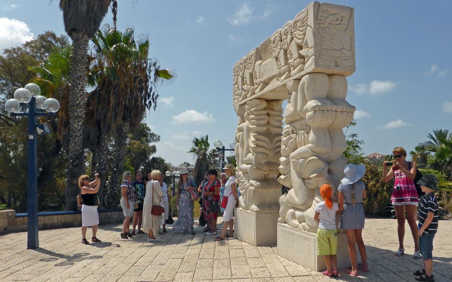 "The Gate of Faith" in Jaffa Park is a sculpture by the artist Dan Kafri. It features several biblical scenes carved on it, and is a natural attraction for photo-taking tourists in Jaffa, Israel. Jaffa appears in the Bible as Joppa.