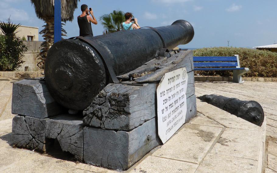 An Ottoman-period cannon overlooks old Jaffa, Israel, on the hilltop town of Jaffa Park. From here there is a beautiful view of Tel Aviv.