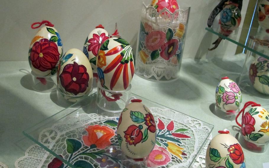 Colorful flowers and red peppers dominate the art on these Hungarian eggs on display at the Osterei Museum, in the German countryside village of Sonnenbühl, Germany.