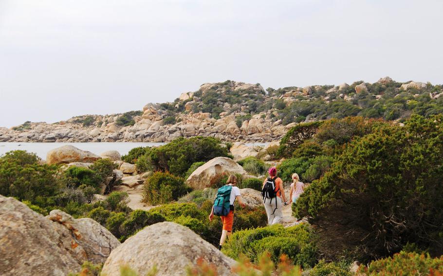 Corsica's rocky shorelines provide interesting and sometimes challenging hiking routes. This path takes hikers through the island's maquis.