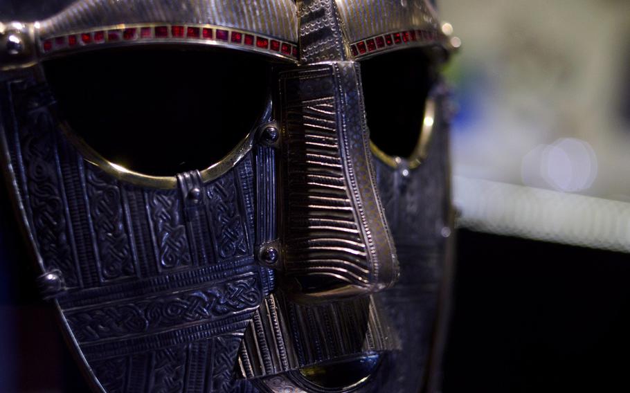 A reproduction of the Sutton Hoo helmet on display at the park near Woodbridge, England. The original is held by the British Museum in London.