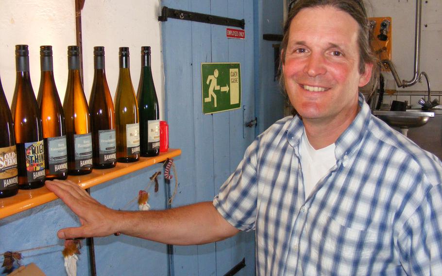 Anthony Hammond, owner of Garage Winery, displays a range of the wines he produces and sells. The winery is located in Oestrich-Winkel, in Germany's Rheingau wine region. 
