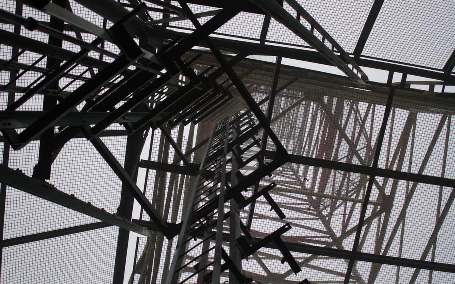 A 330-foot radio tower at the U.S. military's Langerkopf radio relay station is in good shape, though the post has been abandoned for years.