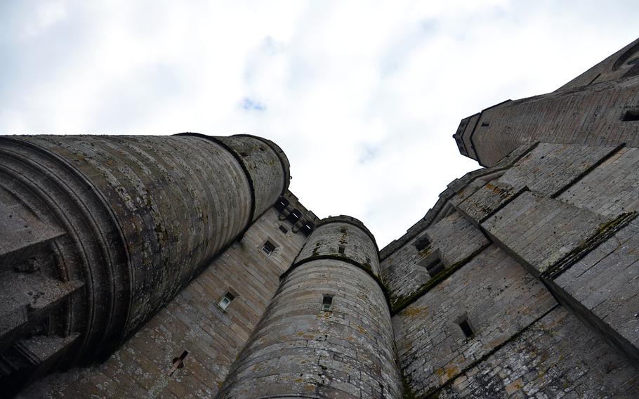 A look straight up the high walls of Mont-St-Michel's abbey church.