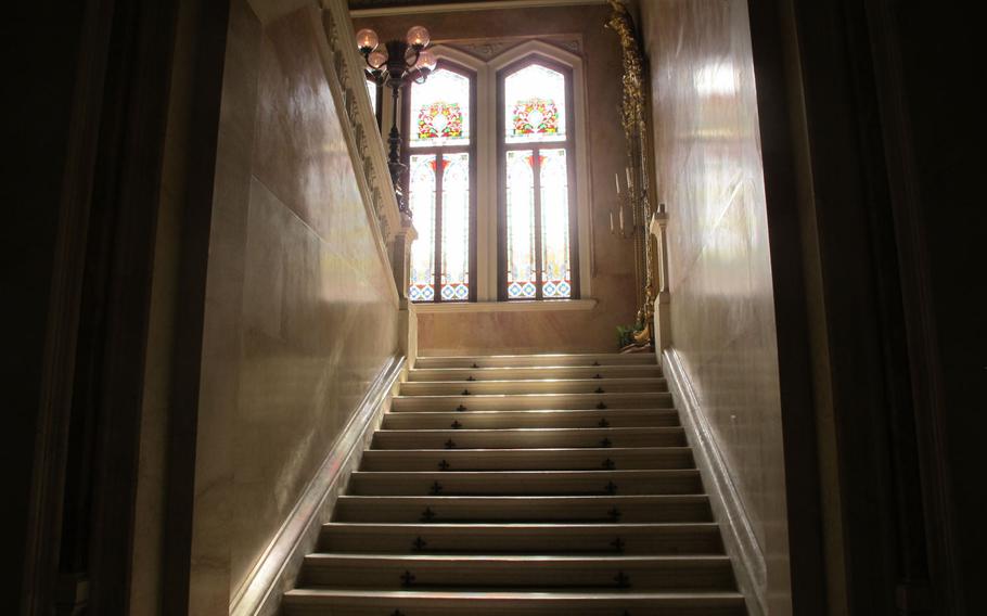 A lovely marble, stained-glass-lit stairway to the guest rooms, which were off-limits to a photographer who had, in retrospect, boorishly shown up without notice.