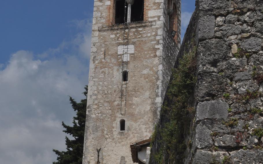 There really isn't much of a castle left at Caneva Castle. Just some walls and a church and its bell tower. So don't go expecting to see knights in armor, moats  or a drawbridge.