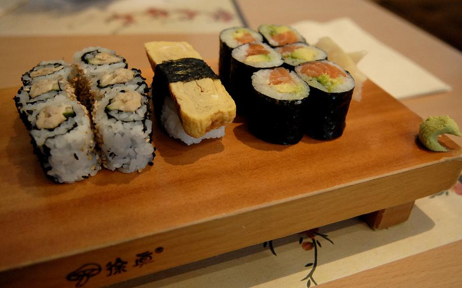Sushi with tuna fish, sweet egg and raw salmon with avocado are among the many selections of Japanese-style sushi available at Sushi Hana restaurant in Ramstein-Miesenbach, Germany.