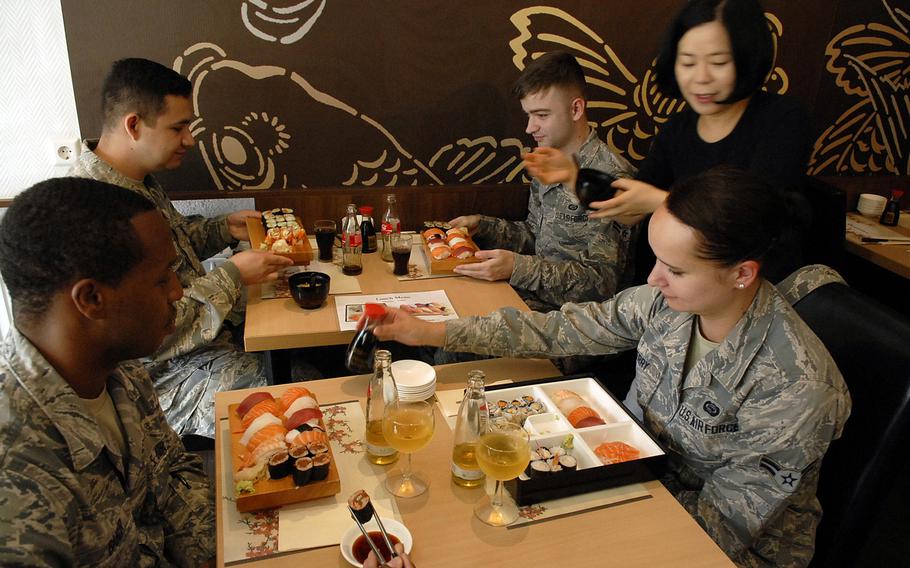 Airmen from Ramstein Air Base, Germany, enjoy sushi for lunch recently at Sushi Hana. The Japanese-style sushi restaurant in Ramstein-Miesenbach is a few minutes' drive from the base.