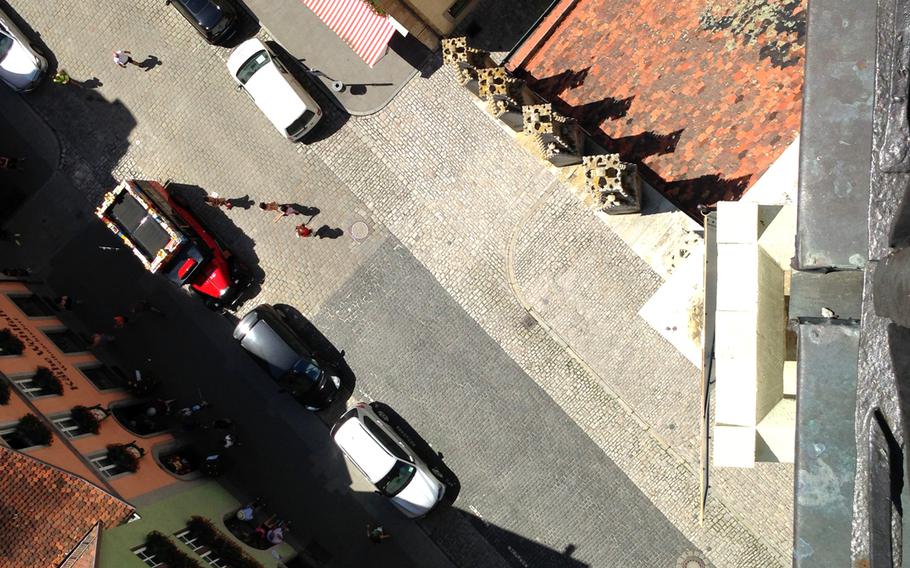 It's a long way down to the street from the top of the town hall's bell tower in Rothenburg, Germany.