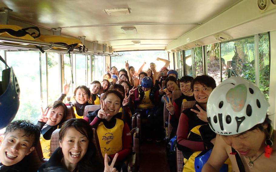 A busload of adventurers are all smiles following their day of canyoning in Gunma, Japan, about an hour north of Tokyo. Tours start at about $80 a person.
