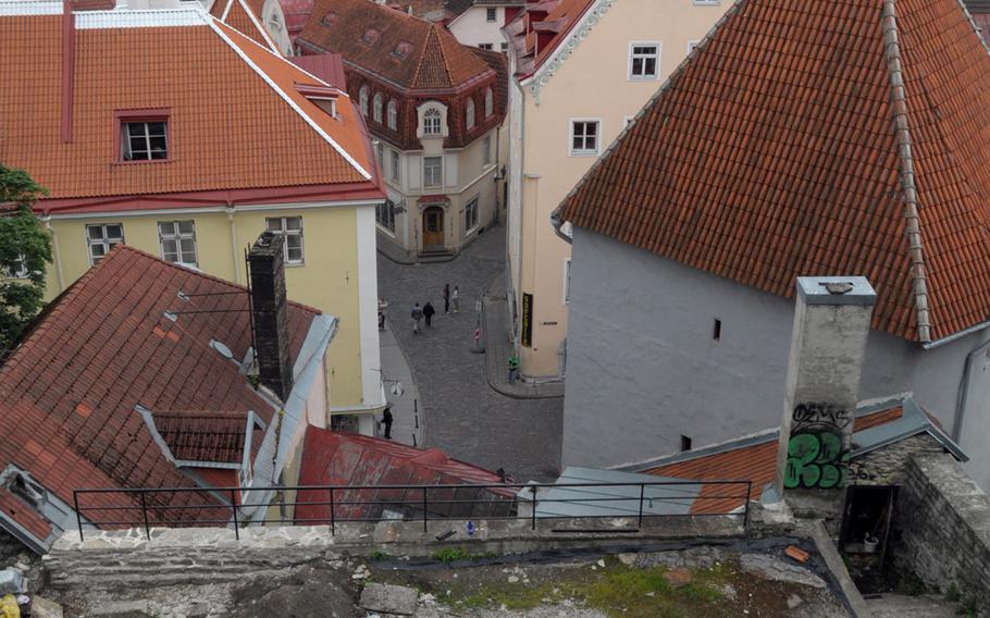 The Kohtuotsa viewing platform on Toompea Hill in Tallinn, Estonia, looks down on the city's old town, as well as some more modern construction.