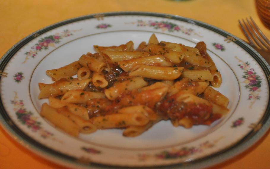 Penne with a sauce of tomatoes, eggplant and basil was a first-course offering during a recent visit to Osteria da Afro in Spilimbergo, Italy.