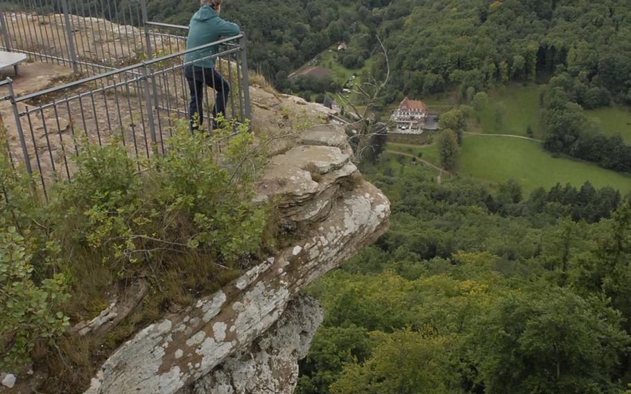 Visitors to Burg Trifels can take in sweeping views of the countryside below atop a rock outcropping that's part of the castle.