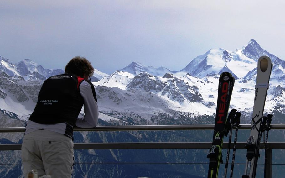 Breathtaking views await skiers at the Cabane des Violettes gondola station at the Crans-Montana ski resort in Switzerland.