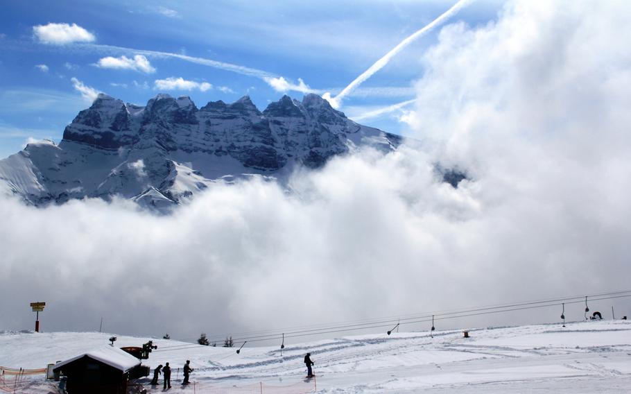 Low clouds fail to obscure the higher peaks of the Portes du Soleil region, which stretches from Switzerland to France.