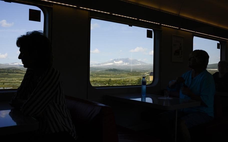 Snohetta, a 7,500-foot peak in Dovrefjell National Park, Norway, is framed by a train window July 23, 2014. It's a nearly five-hour trip to Oslo from the park.