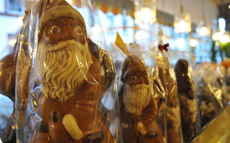 Chocolate Santa Clauses wait to be eaten at Café Krummel in Kaiserslautern, Germany. German master pastry chef Martin Krummel hand-makes the cafe's chocolates. The cafe also specializes in pastries and cakes and serves breakfast throughout the day as well as daily lunch specials.