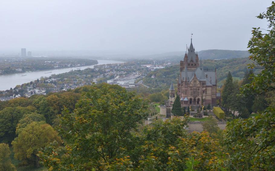 A beautiful view towards Bonn, Germany, beyond Schloss Drachenburg from the hiking trail enroute to the top of Drachenfels, or  Dragon's Rock.