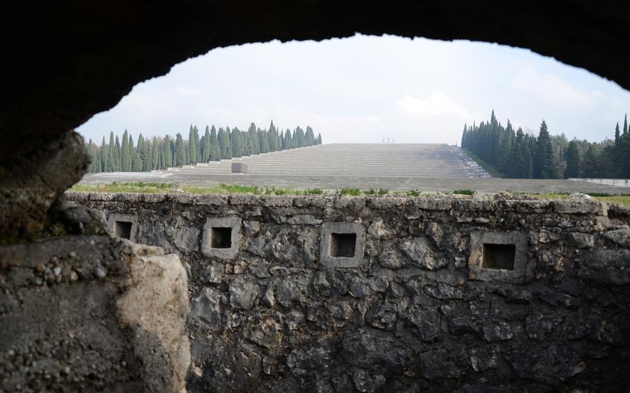 The Military Sacrarium Redipuglia, as seen from one of the hardened World War I bunkers, was completed in 1938 and holds the remains of more than 100,000 soldiers who died during the war. The sanctuary is located near Redipuglia, Italy.