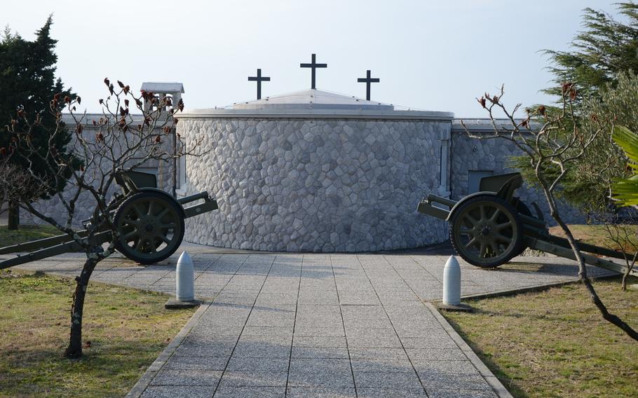The back view of the chapel on top of the Military Sacrarium Redipuglia, which holds the remains of more than 100,000 soldiers who died during World War I.