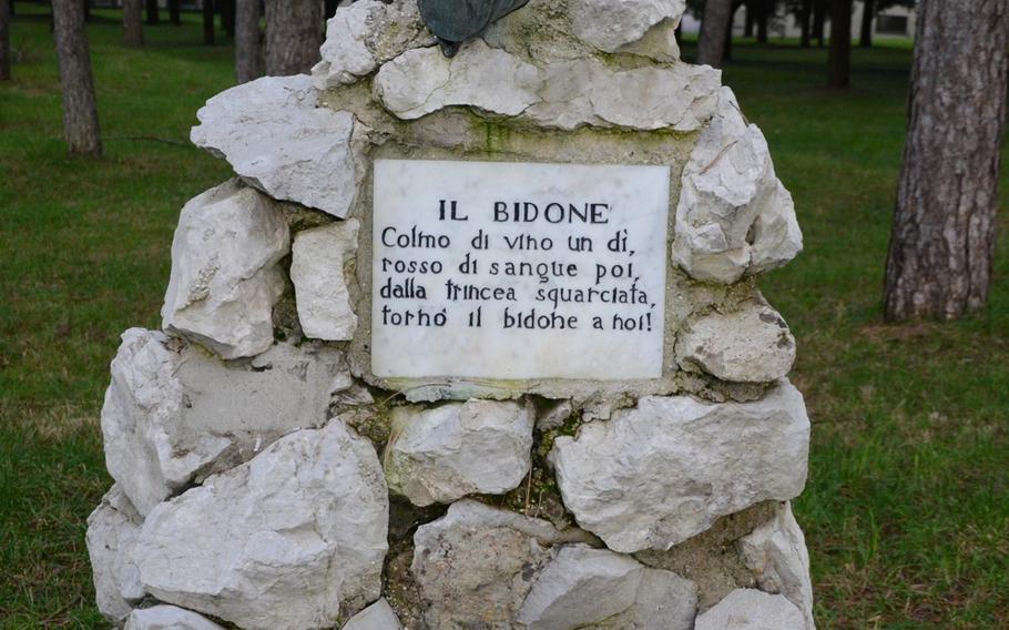 A total of 36 tombstones line paths throughout Remembrance Park at the Military Sacrarium Redipuglia, near Redipuglia, Italy. Poems, in Italian, decorate many of the tombstones.