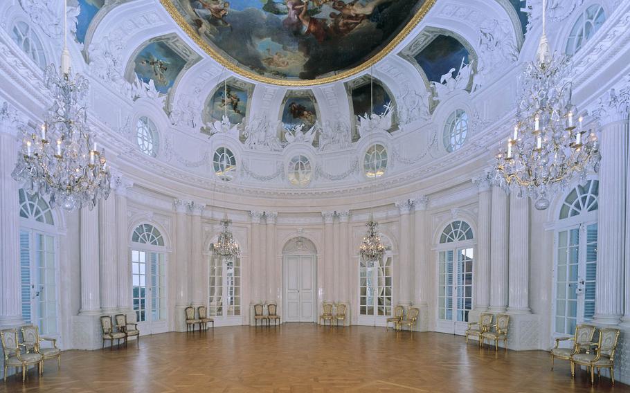 Inside Schloss Solitude near Stuttgart, all the rooms are very well preserved, including this hall, which features a painted ceiling. However, visitors are not permitted to take pictures inside the palace.