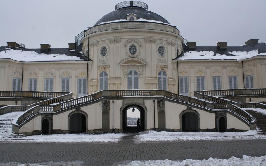 On a chilly January day, the terrace of the Schloss Solitude, typically busy with visitors, is empty. Tours of the inside of the palace are offered for 4 euros.